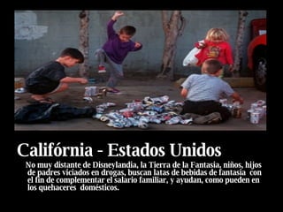 Califórnia  -  Estados Unidos No muy distante de Disneylandia, la Tierra de la Fantasia, niños, hijos de padres viciados en drogas, buscan latas de bebidas de fantasia  con el fin de complementar el salario familiar, y ayudan, como pueden en los quehaceres  domésticos.   
