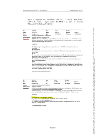 Procuradoria-Geral da República Inquérito nº 4.483
Após a negativa do Presidente MICHEL TEMER, RODRIGO
SANTOS volta a ligar para RICARDO e para o senador
WELLINGTON FAGUNDES:
45 de 64
DocumentoassinadoviaTokendigitalmenteporRODRIGOJANOTMONTEIRODEBARROS,em26/06/201720:02.Paraverificaraassinaturaacesse
http://www.transparencia.mpf.mp.br/validacaodocumento.ChaveB9488397.BC37F153.FA9F7D06.79088023
 