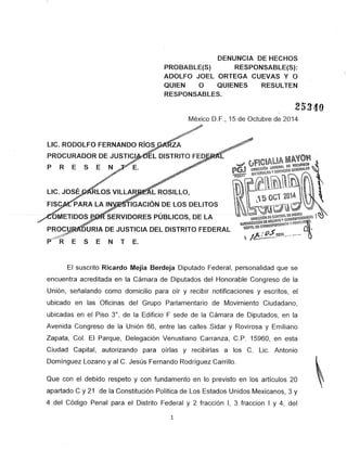 Diputado Ricardo Mejía presenta denuncia penal en contra de Joel Ortega, director del STC metro