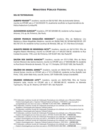 MINISTÉRIO PÚBLICO FEDERAL
ROL DE TESTEMUNHAS:
ALBERTO YOUSSEF379
, brasileiro, nascido em 06/10/1967, filho de Antoinette Selman,
inscrito no CPF/MF sob o nº 532.050.659-72, atualmente recolhido na Superintendência da
Polícia Federal em Curitiba/PR;
ALEXANDRINO ALENCAR380
, brasileiro, CPF 067.609.880-00, residente na Rua Joaquim
Antunes, 514, ap. 64, Pinheiros, São Paulo;
AGENOR FRANKLIN MAGALHÃES MEDEIROS381
, brasileiro, filho de Waldemar Lins
Medeiros e Maria Magalhães Medeiros, nascido em 08/06/1948, RG 587464148/SSP/SP, CPF
063.787.575-34, residente na Rua Lourenço de Almeida, 580, ap. 121, Vila Nova Conceição;
AUGUSTO RIBEIRO DE MENDONÇA NETO382
, brasileiro, nascido em 04/12/1952, filho de
Angelina Ribeiro Mendonça, inscrito no CPF/MF sob o nº 695.037.708-82, residente na Rua
Cardeal Arcoverde, 1749, unid. 68, Pinheiros, CEP 05.407-002, São Paulo/SP;
DALTON DOS SANTOS AVANCINI383
, brasileiro, nascido em 07/11/1966, filho de Maria
Carmen Monzoni dos Santos Avancini, inscrito no CPF/MF sob o nº 094.948.488-10, residente
na Rua Doutor Miranda de Azevedo, 752, ap. 117, Pompéia, CEP 05.027-000, São Paulo/SP;
DELCÍDIO DO AMARAL GOMEZ384
, brasileiro, nascido em 08/02/1955, filho de Rosely do
Amaral Gomez, inscrito no CPF/MF sob o nº 011.279.828-42, residente na Rua Rodolfo José
Pinho, 1330, Jardim Bela Vista, casa 04, Centro, CEP 79.004-690, Campo Grande/MS;
EDUARDO HERMELINO LEITE385
, brasileiro, nascido em 04/05/1966, filho de Yvonne
Seripierro Leite, inscrito no CPF/MF sob o nº 085.968.148-33, residente na Alameda
Tupiniquins, 750, ap. 81, Moema, CEP 04.077-001, São Paulo/SP;
379 Colaborador, conforme Acordo de Colaboração Premiada por ele celebrado com o Ministério Público
Federal, homologado pelo e. Supremo Tribunal Federal na Petição n. 5244/2014 e cuja execução é
acompanhada por esse Juízo nos autos n. 5002400-74.2015.404.7000 – ANEXO 234
380 Colaborador, conforme Acordo de Colaboração Premiada por ele celebrado com a Procuradoria-Geral da
República e homologado pelo Supremo Tribunal Federal.
381 Colaborador, conforme Acordo de Colaboração Premiada por ele celebrado com a Procuradoria-Geral da
República e homologado pelo Supremo Tribunal Federal.
382 Colaborador, conforme Acordo de Colaboração Premiada por ele celebrado com o Ministério Público
Federal e homologado por esse Juízo nos autos n. 5073441-38.2014.404.7000 – ANEXO 226.
383 Colaborador, conforme Acordo de Colaboração Premiada por ele celebrado com o Ministério Público
Federal e homologado por esse Juízo nos autos n. 5013949-81.2015.404.7000 – ANEXO 227.
384 Colaborador, conforme Acordo de Colaboração Premiada por ele celebrado com o Ministério Público
Federal e homologado pelo e. Supremo Tribunal Federal na Petição n. 5952/2016 – ANEXO 229.
385 Colaborador, conforme Acordo de Colaboração Premiada por ele celebrado com o Ministério Público
Federal e homologado por esse Juízo nos autos n. 5012994-50.2015.404.7000 – ANEXO 228
117/121
Assinadodigitalmenteem14/09/202013:41.Paraverificaraautenticidadeacesse
http://www.transparencia.mpf.mp.br/validacaodocumento.Chave5CF07A59.84622DF0.812263EF.1D75FEFF
 