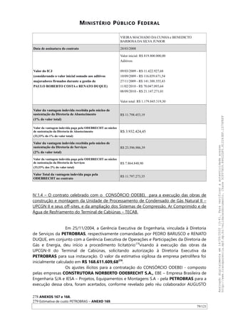 MINISTÉRIO PÚBLICO FEDERAL
VIEIRA MACHADO DA CUNHA e BENEDICTO
BARBOSA DA SILVA JUNIOR
Data de assinatura do contrato 28/03/2008
Valor do ICJ
(considerando o valor inicial somado aos aditivos
majoradores firmados durante a gestão de
PAULO ROBERTO COSTA e RENATO DUQUE)
Valor inicial: R$ 819.800.000,00
Aditivos:
09/03/2009 - R$ 11.422.927,68
10/09/2009 - R$ 116.039.671,54
27/11/2009 - R$ 141.388.355,43
11/02/2010 - R$ 70.047.093,64
08/09/2010 - R$ 21.147.271,01
Valor total: R$ 1.179.845.319,30
Valor da vantagem indevida recebida pelo núcleo de
sustentação da Diretoria de Abastecimento
(1% do valor total)
R$ 11.798.453,19
Valor da vantagem indevida paga pela ODEBRECHT ao núcleo
de sustentação da Diretoria de Abastecimento
(33,33% do 1% do valor total)
R$ 3.932.424,45
Valor da vantagem indevida recebida pelo núcleo de
sustentação da Diretoria de Serviços
(2% do valor total)
R$ 23.596.906,39
Valor da vantagem indevida paga pela ODEBRECHT ao núcleo
de sustentação da Diretoria de Serviços
(33,33% dos 2% do valor total)
R$ 7.864.848,90
Valor Total da vantagem indevida paga pela
ODEBRECHT no contrato
R$ 11.797.273,35
IV.1.4 – O contrato celebrado com o CONSÓRCIO ODEBEI, para a execução das obras de
construção e montagem da Unidade de Processamento de Condensado de Gás Natural II –
UPCGN II e seus off-sites, e da ampliação dos Sistemas de Compressão, Ar Comprimido e de
Água de Resfriamento do Terminal de Cabiúnas – TECAB.
Em 25/11/2004, a Gerência Executiva de Engenharia, vinculada à Diretoria
de Serviços da PETROBRAS, respectivamente comandadas por PEDRO BARUSCO e RENATO
DUQUE, em conjunto com a Gerência Executiva de Operações e Participações da Diretoria de
Gás e Energia, deu início a procedimento licitatório278
visando à execução das obras da
UPCGN-II do Terminal de Cabiúnas, solicitando autorização à Diretoria Executiva da
PETROBRAS para sua instauração. O valor da estimativa sigilosa da empresa petrolífera foi
inicialmente calculado em R$ 168.611.609,68279
.
Os ajustes ilícitos para a contratação do CONSÓRCIO ODEBEI - composto
pelas empresas CONSTRUTORA NORBERTO ODEBRECHT S.A., EBE – Empresa Brasileira de
Engenharia S/A e IESA – Projetos, Equipamentos e Montagens S.A - pela PETROBRAS para a
execução dessa obra, foram acertados, conforme revelado pelo réu colaborador AUGUSTO
278 ANEXOS 167 e 168.
279 Estimativa de custo PETROBRAS – ANEXO 169.
79/121
Assinadodigitalmenteem14/09/202013:41.Paraverificaraautenticidadeacesse
http://www.transparencia.mpf.mp.br/validacaodocumento.Chave5CF07A59.84622DF0.812263EF.1D75FEFF
 