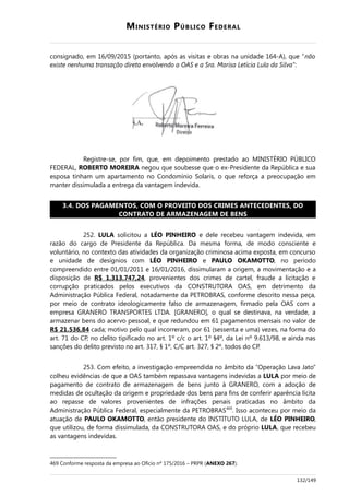MINISTÉRIO PÚBLICO FEDERAL
consignado, em 16/09/2015 (portanto, após as visitas e obras na unidade 164-A), que “não
existe nenhuma transação direta envolvendo a OAS e a Sra. Marisa Letícia Lula da Silva”:
Registre-se, por fim, que, em depoimento prestado ao MINISTÉRIO PÚBLICO
FEDERAL, ROBERTO MOREIRA negou que soubesse que o ex-Presidente da República e sua
esposa tinham um apartamento no Condomínio Solaris, o que reforça a preocupação em
manter dissimulada a entrega da vantagem indevida.
3.4. DOS PAGAMENTOS, COM O PROVEITO DOS CRIMES ANTECEDENTES, DO
CONTRATO DE ARMAZENAGEM DE BENS
252. LULA solicitou a LÉO PINHEIRO e dele recebeu vantagem indevida, em
razão do cargo de Presidente da República. Da mesma forma, de modo consciente e
voluntário, no contexto das atividades da organização criminosa acima exposta, em concurso
e unidade de desígnios com LÉO PINHEIRO e PAULO OKAMOTTO, no período
compreendido entre 01/01/2011 e 16/01/2016, dissimularam a origem, a movimentação e a
disposição de R$ 1.313.747,24, provenientes dos crimes de cartel, fraude a licitação e
corrupção praticados pelos executivos da CONSTRUTORA OAS, em detrimento da
Administração Pública Federal, notadamente da PETROBRAS, conforme descrito nessa peça,
por meio de contrato ideologicamente falso de armazenagem, firmado pela OAS com a
empresa GRANERO TRANSPORTES LTDA. [GRANERO], o qual se destinava, na verdade, a
armazenar bens do acervo pessoal, e que redundou em 61 pagamentos mensais no valor de
R$ 21.536,84 cada; motivo pelo qual incorreram, por 61 (sessenta e uma) vezes, na forma do
art. 71 do CP, no delito tipificado no art. 1º c/c o art. 1º §4º, da Lei nº 9.613/98, e ainda nas
sanções do delito previsto no art. 317, § 1º, C/C art. 327, § 2º, todos do CP.
253. Com efeito, a investigação empreendida no âmbito da “Operação Lava Jato”
colheu evidências de que a OAS também repassava vantagens indevidas a LULA por meio de
pagamento de contrato de armazenagem de bens junto à GRANERO, com a adoção de
medidas de ocultação da origem e propriedade dos bens para fins de conferir aparência lícita
ao repasse de valores provenientes de infrações penais praticadas no âmbito da
Administração Pública Federal, especialmente da PETROBRAS469
. Isso aconteceu por meio da
atuação de PAULO OKAMOTTO, então presidente do INSTITUTO LULA, de LÉO PINHEIRO,
que utilizou, de forma dissimulada, da CONSTRUTORA OAS, e do próprio LULA, que recebeu
as vantagens indevidas.
469 Conforme resposta da empresa ao Ofício nº 175/2016 – PRPR (ANEXO 267).
132/149
 