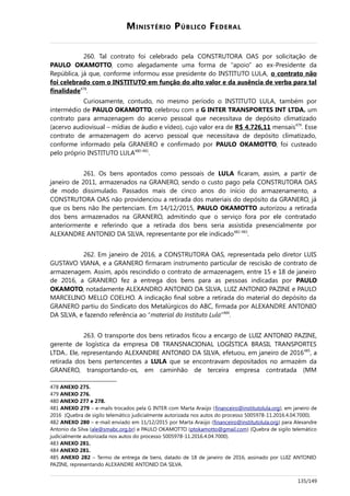 MINISTÉRIO PÚBLICO FEDERAL
260. Tal contrato foi celebrado pela CONSTRUTORA OAS por solicitação de
PAULO OKAMOTTO, como alegadamente uma forma de “apoio” ao ex-Presidente da
República, já que, conforme informou esse presidente do INSTITUTO LULA, o contrato não
foi celebrado com o INSTITUTO em função do alto valor e da ausência de verba para tal
finalidade478
.
Curiosamente, contudo, no mesmo período o INSTITUTO LULA, também por
intermédio de PAULO OKAMOTTO, celebrou com a G INTER TRANSPORTES INT LTDA. um
contrato para armazenagem do acervo pessoal que necessitava de depósito climatizado
(acervo audiovisual – mídias de áudio e vídeo), cujo valor era de R$ 4.726,11 mensais479
. Esse
contrato de armazenagem do acervo pessoal que necessitava de depósito climatizado,
conforme informado pela GRANERO e confirmado por PAULO OKAMOTTO, foi custeado
pelo próprio INSTITUTO LULA480-481
.
261. Os bens apontados como pessoais de LULA ficaram, assim, a partir de
janeiro de 2011, armazenados na GRANERO, sendo o custo pago pela CONSTRUTORA OAS
de modo dissimulado. Passados mais de cinco anos do início do armazenamento, a
CONSTRUTORA OAS não providenciou a retirada dos materiais do depósito da GRANERO, já
que os bens não lhe pertenciam. Em 14/12/2015, PAULO OKAMOTTO autorizou a retirada
dos bens armazenados na GRANERO, admitindo que o serviço fora por ele contratado
anteriormente e referindo que a retirada dos bens seria assistida presencialmente por
ALEXANDRE ANTONIO DA SILVA, representante por ele indicado482-483
.
262. Em janeiro de 2016, a CONSTRUTORA OAS, representada pelo diretor LUIS
GUSTAVO VIANA, e a GRANERO firmaram instrumento particular de rescisão de contrato de
armazenagem. Assim, após rescindido o contrato de armazenagem, entre 15 e 18 de janeiro
de 2016, a GRANERO fez a entrega dos bens para as pessoas indicadas por PAULO
OKAMOTO, notadamente ALEXANDRO ANTONIO DA SILVA, LUIZ ANTONIO PAZINE e PAULO
MARCELINO MELLO COELHO. A indicação final sobre a retirada do material do depósito da
GRANERO partiu do Sindicato dos Metalúrgicos do ABC, firmada por ALEXANDRE ANTONIO
DA SILVA, e fazendo referência ao “material do Instituto Lula”484
.
263. O transporte dos bens retirados ficou a encargo de LUIZ ANTONIO PAZINE,
gerente de logística da empresa DB TRANSNACIONAL LOGÍSTICA BRASIL TRANSPORTES
LTDA.. Ele, representando ALEXANDRE ANTONIO DA SILVA, efetuou, em janeiro de 2016485
, a
retirada dos bens pertencentes a LULA que se encontravam depositados no armazém da
GRANERO, transportando-os, em caminhão de terceira empresa contratada (MM
478 ANEXO 275.
479 ANEXO 276.
480 ANEXO 277 e 278.
481 ANEXO 279 – e-mails trocados pela G INTER com Marta Araújo (financeiro@institutolula.org), em janeiro de
2016 (Quebra de sigilo telemático judicialmente autorizada nos autos do processo 5005978-11.2016.4.04.7000).
482 ANEXO 280 – e-mail enviado em 11/12/2015 por Marta Araújo (financeiro@institutolula.org) para Alexandre
Antonio da Silva (ale@smabc.org.br) e PAULO OKAMOTTO (ptokamotto@gmail.com) (Quebra de sigilo telemático
judicialmente autorizada nos autos do processo 5005978-11.2016.4.04.7000).
483 ANEXO 281.
484 ANEXO 281.
485 ANEXO 282 – Termo de entrega de bens, datado de 18 de janeiro de 2016, assinado por LUIZ ANTONIO
PAZINE, representando ALEXANDRE ANTONIO DA SILVA.
135/149
 