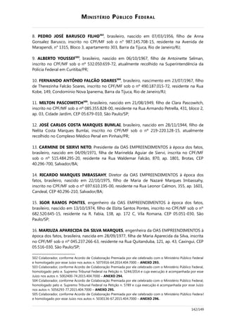 MINISTÉRIO PÚBLICO FEDERAL
8. PEDRO JOSÉ BARUSCO FILHO502
, brasileiro, nascido em 07/03/1956, filho de Anna
Gonsalez Barusco, inscrito no CPF/MF sob o n° 987.145.708-15, residente na Avenida de
Marapendi, n° 1315, Bloco 3, apartamento 303, Barra da Tijuca, Rio de Janeiro/RJ;
9. ALBERTO YOUSSEF503
, brasileiro, nascido em 06/10/1967, filho de Antoinette Selman,
inscrito no CPF/MF sob o nº 532.050.659-72, atualmente recolhido na Superintendência da
Polícia Federal em Curitiba/PR;
10. FERNANDO ANTÔNIO FALCÃO SOARES504
, brasileiro, nascimento em 23/07/1967, filho
de Therezinha Falcão Soares, inscrito no CPF/MF sob o nº 490.187.015-72, residente na Rua
Kobe, 149, Condomínio Nova Ipanema, Barra da Tijuca, Rio de Janeiro/RJ;
11. MILTON PASCOWITCH505
, brasileiro, nascido em 21/08/1949, filho de Clara Pascowitch,
inscrito no CPF/MF sob o nº 085.355.828-00, residente na Rua Armando Petrella, 431, bloco 2,
ap. 03, Cidade Jardim, CEP 05.679-010, São Paulo/SP;
12. JOSÉ CARLOS COSTA MARQUES BUMLAI, brasileiro, nascido em 28/11/1944, filho de
Nelita Costa Marques Bumlai, inscrito no CPF/MF sob o nº 219-220.128-15, atualmente
recolhido no Complexo Médico Penal em Pinhais/PR;
13. CARMINE DE SIERVI NETO, Presidente da OAS EMPREENDIMENTOS à época dos fatos,
brasileiro, nascido em 04/09/1971, filha de Marinelda Aguiar de Siervi, inscrita no CPF/MF
sob o nº 515.484.295-20, residente na Rua Waldemar Falcão, 870, ap. 1801, Brotas, CEP
40.296-700, Salvador/BA;
14. RICARDO MARQUES IMBASSAHY, Diretor da OAS EMPREENDIMENTOS à época dos
fatos, brasileiro, nascido em 22/10/1975, filho de Maria de Nazaré Marques Imbassahy,
inscrito no CPF/MF sob o nº 697.610.195-00, residente na Rua Leonor Calmon, 355, ap. 1601,
Candeal, CEP 40.296-210, Salvador/BA;
15. IGOR RAMOS PONTES, engenheiro da OAS EMPREENDIMENTOS à época dos fatos,
brasileiro, nascido em 13/10/1974, filho de Elzita Santos Pontes, inscrito no CPF/MF sob o nº
682.520.645-15, residente na R. Fabia, 138, ap. 172 C, Vila Romana, CEP 05.051-030, São
Paulo/SP;
16. MARIUZA APARECIDA DA SILVA MARQUES, engenheira da OAS EMPREENDIMENTOS à
época dos fatos, brasileira, nascida em 28/09/1977, filha de Maria Aparecida da Silva, inscrita
no CPF/MF sob o nº 045.237.266-63, residente na Rua Quitanduba, 121, ap. 43, Caxingui, CEP
05.516-030, São Paulo/SP;
502 Colaborador, conforme Acordo de Colaboração Premiada por ele celebrado com o Ministério Público Federal
e homologado por esse Juízo nos autos n. 5075916-64.2014.404.7000 – ANEXO 293.
503 Colaborador, conforme Acordo de Colaboração Premiada por ele celebrado com o Ministério Público Federal,
homologado pelo e. Supremo Tribunal Federal na Petição n. 5244/2014 e cuja execução é acompanhada por esse
Juízo nos autos n. 5002400-74.2015.404.7000 – ANEXO 294.
504 Colaborador, conforme Acordo de Colaboração Premiada por ele celebrado com o Ministério Público Federal,
homologado pelo e. Supremo Tribunal Federal na Petição n. 5789 e cuja execução é acompanhada por esse Juízo
nos autos n. 5056293-77.2015.404.7000 – ANEXO 295.
505 Colaborador, conforme Acordo de Colaboração Premiada por ele celebrado com o Ministério Público Federal
e homologado por esse Juízo nos autos n. 5030136-67.2015.404.7000 – ANEXO 296.
142/149
 
