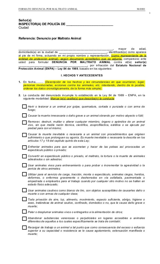 Formato de denuncia maltrato animal