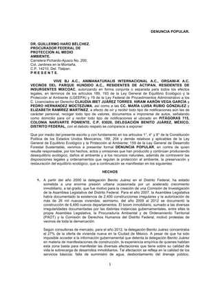 1	
  
	
  
DENUNCIA POPULAR.
DR. GUILLERMO HARO BÉLCHEZ.
PROCURADOR FEDERAL DE
PROTECCION AL MEDIO
AMBIENTE.
Carretera Pichardo-Ajusco No. 200,
Col. Jardines en la Montaña,
C.P. 14210, Del. Tlalpan.
P R E S E N T E.
VIVE BJ A.C., ANIMANATURALIS INTERNACIONAL A.C., ORGANI-K A.C.
VECINOS DEL PARQUE HUNDIDO A.C., RESIDENTES DE ACTIPAN, RESIDENTES DE
INSURGENTES MIXCOAC, autorizando en forma conjunta o separada para todos los efectos
legales, en términos de los artículos 189, 193 de la Ley General de Equilibrio Ecológico y la
Protección al Ambiente (LGEEPA) y 19 de la Ley Federal de Procedimientos Administrativo a los
C. Licenciados en Derecho CLAUDIA IBET JUÁREZ TORRES, HIRAM AARÓN VEGA GARCÍA y
PEDRO HERNÁNDEZ MOCTEZUMA, así como a las CC. MARÍA LUISA RUBIO GÓNZALEZ y
ELIZABETH RAMÍREZ MARTÍNEZ, a efecto de oír y recibir todo tipo de notificaciones aún las de
carácter personal, recoger todo tipo de valores, documentos e imponerse de autos, señalando
como domicilio para oír y recibir todo tipo de notificaciones el ubicado en PITÁGORAS 715,
COLONIA NARVARTE PONIENTE, C.P. 03020, DELEGACIÓN BENITO JUÁREZ, MÉXICO,
DISTRITO FEDERAL, con el debido respeto se comparece a exponer:
Que por medio del presente escrito y con fundamento en los artículos 1°, 4° y 8° de la Constitución
Política de los Estados Unidos Mexicanos; 189, 204 y demás relativos y aplicables de la Ley
General de Equilibrio Ecológico y la Protección al Ambiente; 159 de la Ley General de Desarrollo
Forestal Sustentable, venimos a presentar formal DENUNCIA POPULAR, en contra de quien
resulte responsable, por los hechos, actos y omisiones que han producido y continúan produciendo
desequilibrio ecológico, daños al ambiente y a los recursos naturales, además de contravenir las
disposiciones legales y ordenamientos que regulan la protección al ambiente, la preservación y
restauración del equilibrio ecológico, que a continuación se manifiestan en los siguientes:
HECHOS
1. A partir del año 2000 la delegación Benito Juárez en el Distrito Federal, ha estado
sometida a una enorme presión urbana ocasionada por un acelerado crecimiento
inmobiliario, a tal grado, que fue motivo para la creación de una Comisión de Investigación
de la Asamblea Legislativa del Distrito Federal. Para el año 2007, la Asamblea Legislativa
había documentado la existencia de 2,400 construcciones irregulares y la autorización de
más de 26 mil nuevas viviendas; asimismo, del año 2009 al 2012 se documentó la
construcción de 6,490 nuevos departamentos. El boom inmobiliario, sumado a las diversas
irregularidades documentadas por las distintas instancias gubernamentales, entre ellas la
propia Asamblea Legislativa, la Procuraduría Ambiental y de Ordenamiento Territorial
(PAOT) y la Comisión de Derechos Humanos del Distrito Federal, motivó protestas de
vecinos de toda la demarcación.
Según consultoras de mercado, para el año 2012, la delegación Benito Juárez concentraba
el 27% de la oferta de vivienda nueva en la Ciudad de México. A pesar de que ha sido
imposible acceder a la información gubernamental que detenta la delegación Benito Juárez
en materia de manifestaciones de construcción, la experiencia empírica de quienes habitan
esta zona basta para manifestar las diversas afectaciones que tiene sobre su calidad de
vida la sobrecarga de desarrollos inmobiliarios. Tal afectación se refleja en la calidad de los
servicios básicos: falta de suministro de agua, desbordamiento del drenaje público,
 