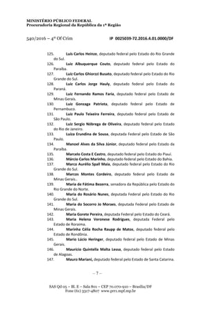 MINISTÉRIO PÚBLICO FEDERAL
Procuradoria Regional da República da 1ª Região
540/2016 – 4º Of Crim IP 0025039-72.2016.4.01.0000/DF
125. Luís Carlos Heinze, deputado federal pelo Estado do Rio Grande
do Sul.
126. Luiz Albuquerque Couto, deputado federal pelo Estado do
Paraíba.
127. Luiz Carlos Ghiorzzi Busato, deputado federal pelo Estado do Rio
Grande do Sul.
128. Luiz Carlos Jorge Hauly, deputado federal pelo Estado do
Paraná.
129. Luiz Fernando Ramos Faria, deputado federal pelo Estado de
Minas Gerais.
130. Luiz Gonzaga Patriota, deputado federal pelo Estado de
Pernambuco.
131. Luiz Paulo Teixeira Ferreira, deputado federal pelo Estado de
São Paulo.
132. Luiz Sergio Nóbrega de Oliveira, deputado federal pelo Estado
do Rio de Janeiro.
133. Luíza Erundina de Sousa, deputada Federal pelo Estado de São
Paulo.
134. Manoel Alves da Silva Júnior, deputado federal pelo Estado da
Paraíba.
135. Marcelo Costa E Castro, deputado federal pelo Estado do Piauí.
136. Márcio Carlos Marinho, deputado federal pelo Estado do Bahia.
137. Marco Aurélio Spall Maia, deputado federal pelo Estado do Rio
Grande do Sul.
138. Marcos Montes Cordeiro, deputado federal pelo Estado de
Minas Gerais..
139. Maria de Fátima Bezerra, senadora da República pelo Estado do
Rio Grande do Norte.
140. Maria do Rosário Nunes, deputada Federal pelo Estado do Rio
Grande do Sul.
141. Maria do Socorro Jo Moraes, deputada Federal pelo Estado de
Minas Gerais.
142. Maria Gorete Pereira, deputada Federal pelo Estado do Ceará.
143. Maria Helena Veronese Rodrigues, deputada Federal pelo
Estado de Roraima.
144. Marinha Célia Rocha Raupp de Matos, deputado federal pelo
Estado de Rondônia.
145. Mario Lúcio Heringer, deputado federal pelo Estado de Minas
Gerais.
146. Maurício Quintella Malta Lessa, deputado federal pelo Estado
de Alagoas.
147. Mauro Mariani, deputado federal pelo Estado de Santa Catarina.
– 7 –
SAS Qd 05 – Bl. E – Sala 801 – CEP 70.070-910 – Brasília/DF
Fone (61) 3317-4807 www.prr1.mpf.mp.br
 