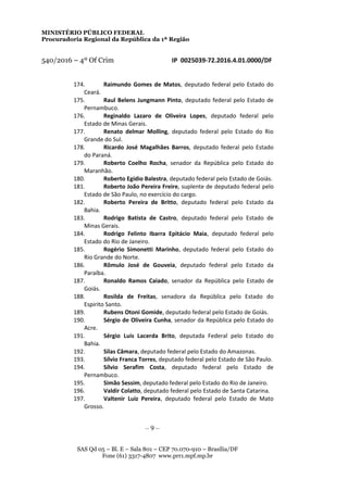 MINISTÉRIO PÚBLICO FEDERAL
Procuradoria Regional da República da 1ª Região
540/2016 – 4º Of Crim IP 0025039-72.2016.4.01.0000/DF
174. Raimundo Gomes de Matos, deputado federal pelo Estado do
Ceará.
175. Raul Belens Jungmann Pinto, deputado federal pelo Estado de
Pernambuco.
176. Reginaldo Lazaro de Oliveira Lopes, deputado federal pelo
Estado de Minas Gerais.
177. Renato delmar Molling, deputado federal pelo Estado do Rio
Grande do Sul.
178. Ricardo José Magalhães Barros, deputado federal pelo Estado
do Paraná.
179. Roberto Coelho Rocha, senador da República pelo Estado do
Maranhão.
180. Roberto Egídio Balestra, deputado federal pelo Estado de Goiás.
181. Roberto João Pereira Freire, suplente de deputado federal pelo
Estado de São Paulo, no exercício do cargo.
182. Roberto Pereira de Britto, deputado federal pelo Estado da
Bahia.
183. Rodrigo Batista de Castro, deputado federal pelo Estado de
Minas Gerais.
184. Rodrigo Felinto Ibarra Epitácio Maia, deputado federal pelo
Estado do Rio de Janeiro.
185. Rogério Simonetti Marinho, deputado federal pelo Estado do
Rio Grande do Norte.
186. Rômulo José de Gouveia, deputado federal pelo Estado da
Paraíba.
187. Ronaldo Ramos Caiado, senador da República pelo Estado de
Goiás.
188. Rosilda de Freitas, senadora da República pelo Estado do
Espirito Santo.
189. Rubens Otoni Gomide, deputado federal pelo Estado de Goiás.
190. Sérgio de Oliveira Cunha, senador da República pelo Estado do
Acre.
191. Sérgio Luis Lacerda Brito, deputada Federal pelo Estado do
Bahia.
192. Silas Câmara, deputado federal pelo Estado do Amazonas.
193. Sílvio Franca Torres, deputado federal pelo Estado de São Paulo.
194. Sílvio Serafim Costa, deputado federal pelo Estado de
Pernambuco.
195. Simão Sessim, deputado federal pelo Estado do Rio de Janeiro.
196. Valdir Colatto, deputado federal pelo Estado de Santa Catarina.
197. Valtenir Luiz Pereira, deputado federal pelo Estado de Mato
Grosso.
– 9 –
SAS Qd 05 – Bl. E – Sala 801 – CEP 70.070-910 – Brasília/DF
Fone (61) 3317-4807 www.prr1.mpf.mp.br
 