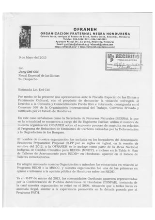Denuncia a la Secretaria Recuros Naturales (SERNA) de Honduras por la violación al CPLI