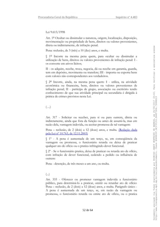 Procuradoria-Geral da República Inquérito nº 4.483
Lei 9.613/1998
Art. 1o Ocultar ou dissimular a natureza, origem, localização, disposição,
movimentação ou propriedade de bens, direitos ou valores provenientes,
direta ou indiretamente, de infração penal.
Pena: reclusão, de 3 (três) a 10 (dez) anos, e multa.
§ 1o Incorre na mesma pena quem, para ocultar ou dissimular a
utilização de bens, direitos ou valores provenientes de infração penal: I -
os converte em ativos lícitos;
II - os adquire, recebe, troca, negocia, dá ou recebe em garantia, guarda,
tem em depósito, movimenta ou transfere; III - importa ou exporta bens
com valores não correspondentes aos verdadeiros.
§ 2o Incorre, ainda, na mesma pena quem: I - utiliza, na atividade
econômica ou financeira, bens, direitos ou valores provenientes de
infração penal; II - participa de grupo, associação ou escritório tendo
conhecimento de que sua atividade principal ou secundária é dirigida à
prática de crimes previstos nesta Lei.
(…)
Art. 317 - Solicitar ou receber, para si ou para outrem, direta ou
indiretamente, ainda que fora da função ou antes de assumi-la, mas em
razão dela, vantagem indevida, ou aceitar promessa de tal vantagem:
Pena – reclusão, de 2 (dois) a 12 (doze) anos, e multa. (Redação dada
pela Lei nº 10.763, de 12.11.2003)
§ 1º - A pena é aumentada de um terço, se, em conseqüência da
vantagem ou promessa, o funcionário retarda ou deixa de praticar
qualquer ato de ofício ou o pratica infringindo dever funcional.
§ 2º - Se o funcionário pratica, deixa de praticar ou retarda ato de ofício,
com infração de dever funcional, cedendo a pedido ou influência de
outrem:
Pena - detenção, de três meses a um ano, ou multa.
(...)
Art. 333 - Oferecer ou prometer vantagem indevida a funcionário
público, para determiná-lo a praticar, omitir ou retardar ato de ofício:
Pena – reclusão, de 2 (dois) a 12 (doze) anos, e multa. Parágrafo único -
A pena é aumentada de um terço, se, em razão da vantagem ou
promessa, o funcionário retarda ou omite ato de ofício, ou o pratica
52 de 64
DocumentoassinadoviaTokendigitalmenteporRODRIGOJANOTMONTEIRODEBARROS,em26/06/201720:02.Paraverificaraassinaturaacesse
http://www.transparencia.mpf.mp.br/validacaodocumento.ChaveB9488397.BC37F153.FA9F7D06.79088023
 