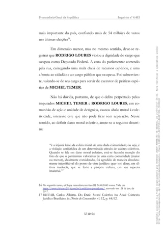 Procuradoria-Geral da República Inquérito nº 4.483
mais importante do país, confiando mais de 54 milhões de votos
nas últimas eleições16
.
Em dimensão menor, mas no mesmo sentido, deve-se re-
gistrar que RODRIGO LOURES violou a dignidade do cargo que
ocupou como Deputado Federal. A cena do parlamentar correndo
pela rua, carregando uma mala cheia de recursos espúrios, é uma
afronta ao cidadão e ao cargo público que ocupava. Foi subservien-
te, valendo-se de seu cargo para servir de executor de práticas espú-
rias de MICHEL TEMER.
Não há dúvida, portanto, de que o delito perpetrado pelos
imputados MICHEL TEMER e RODRIGO LOURES, em co-
munhão de ação e unidade de desígnios, causou abalo moral à cole-
tividade, interesse este que não pode ficar sem reparação. Nesse
sentido, ao definir dano moral coletivo, anote-se a seguinte doutri-
na:
“é a injusta lesão da esfera moral de uma dada comunidade, ou seja, é
a violação antijurídica de um determinado círculo de valores coletivos.
Quando se fala em dano moral coletivo, está-se fazendo menção do
fato de que o patrimônio valorativo de uma certa comunidade (maior
ou menor), idealmente considerado, foi agredido de maneira absoluta-
mente injustificável do ponto de vista jurídico: quer isto dizer, em úl-
tima instância, que se feriu a própria cultura, em seu aspecto
imaterial.”17
16 No segundo turno, a Chapa vencedora recebeu R$ 54.483.045 votos. Vide em
https://www.eleicoes2014.com.br/candidatos-presidente/, acessado em 21 de jun. de
2017.
17 BITTAR, Carlos Alberto. Do Dano Moral Coletivo no Atual Contexto
Jurídico Brasileiro, in Direito do Consumidor, vl. 12, p. 44/62.
57 de 64
DocumentoassinadoviaTokendigitalmenteporRODRIGOJANOTMONTEIRODEBARROS,em26/06/201720:02.Paraverificaraassinaturaacesse
http://www.transparencia.mpf.mp.br/validacaodocumento.ChaveB9488397.BC37F153.FA9F7D06.79088023
 