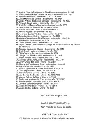 50. Letícia Eduarda Rodrigues da Silva Rosa – testemunha – fls. 403
51.Wellington Aparecido Carneiro da Silva – testemunha – fls. 795
52.Eduardo Bardavira – testemunha – fls. 797 e 2820
53.Celso Marques de Oliveira – testemunha – fls. 1434
54.Sérgio Antonio dos Santos Santiago – testemunha – fls. 1569
55.Armando Dagre Magri - testemunha – fls. 1579
56.José Manuel Ferreira Gonçalves – testemunha – fls. 2869
57.Heleno Miranda de Oliveira – vítima - fls. 2876
58.Marcos Martins da Cunha – testemunha - fls. 821
59.Renato Moyses – testemunha – fls. 890
60.Rosevane Soares Cândido – testemunha – fls. 2113
61.Eduardo Alberto Martins – testemunha – fls. 2305
62.Mariuza Aparecida da Silva Marques- testemunha – fls. 2169
63.Alfio Rossi – testemunha – fls. 2174
64.Carlos Antonio Mafra – testemunha – fls. 1826
65.Edgar Moreira – Procurador de Justiça do Ministério Público do Estado
de São Paulo
66.Temoteo Mariano de Oliveira – testemunha – fls. 3310
67.José Roberto Maifrino – testemunha – fls. 3347
68.Clélia Souza e Souza – testemunha – fls. 3324
69.Ubirajara da Silva Patrício – testemunha – fls. 3326
70.Isis de Moraes Vieira – testemunha – fls. 3330.
71.Mario da Silva Amaro Júnior – testemunha – fls. 3349
72.Vivian Ortega de Freitas – vítima – fls. 3359
73. Raimunda Francisca de Brito – testemunha – fls. 3206
74. Myriam Brandão – testemunha – fls. 3270
75.Antonio Figueiredo de Brito – testemunha – fls. 3229
76.Carla Trigueirinho – vítima – fls. 5610/5613
77.Tania Viviani de Oiveira – vítima – fls. 2876
78.Iraci Gomes de Almeida – vítima – fls. 7076/7082
79.Marcos Vinícius da Silva – vítima – fls. 7055
80.Paulo José Machado da Costa – vítima - fls. 5813/5823
81.Sandra de Melo Mariano – vítima – fls. 4791/4792
82.Oswaldo Martins Gonçalves – vítima – fls. 5758
83.Marcia Regina Bover – vítima – fls. 5645/5646
84.Márcia Cristina Didário – vítima – fls. 5687
São Paulo, 9 de março de 2016.
CASSIO ROBERTO CONSERINO
103º. Promotor de Justiça da Capital
JOSÉ CARLOS GUILLEM BLAT
10º. Promotor de Justiça do Patrimônio Público e Social da Capital
 