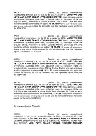 XXXIV - Consta do anexo procedimento
investigatório criminal que, no dia 16 de janeiro de 2010, JOÃO VACCARI
NETO, ANA MARIA ÉRNICA e VAGNER DE CASTRO, nesta comarca, agindo
previamente ajustados entre eles, obtiveram para si, vantagem ilícita, em
prejuízo alheio, mantendo a vítima Vandete dos Santos Diniz em erro,
mediante artifício consistente em cobrar R$ 31.087,09 (trinta e um mil oitenta e sete
reais e nove centavos) de taxa de demissão fora das hipóteses legais, conforme
fls. 5711/5712.
XXXV - Consta do anexo procedimento
investigatório criminal que, no dia 09 de fevereiro de 2010, JOÃO VACCARI
NETO, ANA MARIA ÉRNICA e VAGNER DE CASTRO, nesta comarca, agindo
previamente ajustados entre eles, obtiveram para si, vantagem ilícita, em
prejuízo alheio, mantendo a vítima Osvaldo Martins Gonçalves em erro,
mediante artifício consistente em cobrar R$ 15.579,15 (quinze mil quinhentos e
setenta e nove reais e quinze centavos) de taxa de demissão fora das hipóteses
legais, conforme fls. 5737/5740.
XXXVI- Consta do anexo procedimento
investigatório criminal que, no dia 23 de abril de 2010, JOÃO VACCARI
NETO, ANA MARIA ÉRNICA e VAGNER DE CASTRO, nesta comarca, agindo
previamente ajustados entre eles, obtiveram para si, vantagem ilícita, em
prejuízo alheio, mantendo a vítima Márcia Cristina Didário em erro, mediante
artifício consistente em cobrar R$ 15.332,23 (quinze mil trezentos e trinta e dois reais
e vinte e três centavos) de taxa de demissão fora das hipóteses legais, conforme
fls. 5687/5692.
XXXVI- Consta do anexo procedimento
investigatório criminal que, no dia 23 de abril de 2010, JOÃO VACCARI
NETO, ANA MARIA ÉRNICA e VAGNER DE CASTRO, nesta comarca, agindo
previamente ajustados entre eles, obtiveram para si, vantagem ilícita, em
prejuízo alheio, mantendo a vítima Paulo José Machado da Costa em erro,
mediante artifício consistente em cobrar R$ 17.795,88 (dezessete mil setecentos e
noventa e cinco reais e oitenta e oito centavos) de taxa de demissão fora das hipóteses
legais, conforme fls. 5825/5826.
Do empreendimento A’bsoluto
XXXVII- Consta do anexo procedimento
investigatório que, no dia 16 de dezembro de 2009, por volta de 19 horas,
nesta comarca, JOÃO VACCARI NETO, ANA MARIA ÉRNICA e VAGNER DE
CASTRO, concorreram para que JOSÉ ALDEMÁRIO PINHEIRO FILHO, vulgo
“Léo Pinheiro”, LUIGI PETTI, TELMO TONOLLI, ROBERTO MOREIRA
 