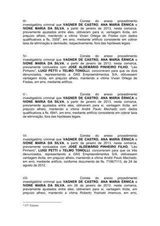 III- Consta do anexo procedimento
investigatório criminal que VAGNER DE CASTRO, ANA MARIA ÉRNICA e
IVONE MARIA DA SILVA, a partir de janeiro de 2013, nesta comarca,
previamente ajustados entre eles, obtiveram para si, vantagem ilícita, em
prejuízo alheio, mantendo a vítima Vivian Ortega de Freitas com dados
qualificativos a fls. 33594
, em erro, mediante artifício consistente em cobrar
taxa de eliminação e demissão, respectivamente, fora das hipóteses legais.
IV- Consta do anexo procedimento
investigatório criminal que VAGNER DE CASTRO, ANA MARIA ÉRNICA e
IVONE MARIA DA SILVA, a partir de janeiro de 2013, nesta comarca,
previamente conluiados com JOSÉ ALDEMÁRIO PINHEIRO FILHO, “Léo
Pinheiro”, LUIGI PETTI e TELMO TONOLLI, concorreram para que os dois
denunciados, representando a OAS Empreendimentos S/A, obtivessem
vantagem ilícita, em prejuízo alheio, mantendo a vítima Vivian Ortega de
Freitas, em erro, mediante artifício.
V - Consta do anexo procedimento
investigatório criminal que VAGNER DE CASTRO, ANA MARIA ÉRNICA e
IVONE MARIA DA SILVA, a partir de janeiro de 2013, nesta comarca,
previamente ajustados entre eles, obtiveram para si, vantagem ilícita, em
prejuízo alheio, mantendo a vítima André Paulo Machado com dados
qualificativos a fls. 6841, em erro, mediante artifício consistente em cobrar taxa
de eliminação, fora das hipóteses legais.
VI- Consta do anexo procedimento
investigatório criminal que VAGNER DE CASTRO, ANA MARIA ÉRNICA e
IVONE MARIA DA SILVA, a partir de janeiro de 2013, nesta comarca,
previamente conluiados com JOSÉ ALDEMÁRIO PINHEIRO FILHO, “Léo
Pinheiro”, LUIGI PETTI e TELMO TONOLLI, concorreram para que os três
denunciados, representando a OAS Empreendimentos S/A, obtivessem
vantagem ilícita, em prejuízo alheio, mantendo a vítima André Paulo Machado,
em erro, mediante artifício, conforme documento de fls. 7106/7113, de 24 de
agosto de 2012.
VII- Consta do anexo procedimento
investigatório criminal que VAGNER DE CASTRO, ANA MARIA ÉRNICA e
IVONE MARIA DA SILVA, em 28 de janeiro de 2013, nesta comarca,
previamente ajustados entre eles, obtiveram para si, vantagem ilícita, em
prejuízo alheio, mantendo a vítima Roberto Yoshiaki Imamura, em erro,
4 17º. Volume
 
