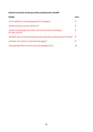 15
Inhaltsverzeichnis	
  im	
  Bezug	
  auf	
  die	
  prophetischen	
  Ahadith	
  
	
  
Hadith	
   	
   	
   	
   	
   	
   	
   	
   	
   	
   	
   Seite	
  
	
  
„Verwunderlich	
  ist	
  die	
  Angelegenheit	
  des	
  Gläubigen“	
   	
   	
   	
   	
   4	
  
	
  
„Strebe	
  nach	
  dem,	
  was	
  dir	
  nützlich	
  ist“	
   	
   	
   	
   	
   	
   	
   7	
  
	
  
„Schaut	
  zu	
  demjenigen,	
  der	
  unter	
  euch	
  ist	
  und	
  nicht	
  zu	
  demjenigen,	
  	
   	
   	
   8	
  
der	
  über	
  euch	
  ist“	
   	
  
	
  
„Oh	
  Allah,	
  bessere	
  meinen	
  Glauben	
  an	
  dich,	
  denn	
  das	
  ist	
  meine	
  oberste	
  Priorität“	
   9	
   	
  
	
  
„Oh	
  Allah,	
  ich	
  erhoffe	
  mir	
  deine	
  Barmherzigkeit“	
  	
   	
   	
   	
   	
   9	
  
	
  
„Kein	
  gläubiger	
  Mann	
  erzürnt	
  sich	
  einer	
  gläubigen	
  Frau“	
   	
   	
   	
   11	
  
	
  
	
  
	
  
	
  
	
  
	
  
	
  
	
  
	
  
	
  
	
  
	
  
	
  
	
  
	
  
	
  
	
  
	
  
	
  
	
  
	
  
	
  
	
  
 