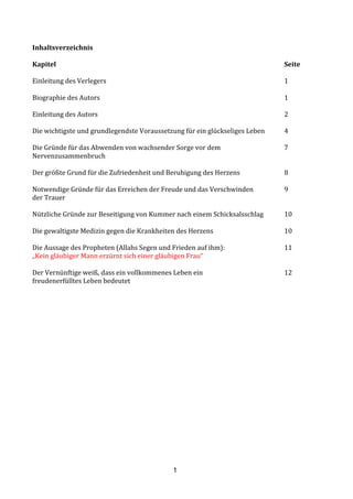 1
Inhaltsverzeichnis	
  
	
  
Kapitel	
   	
   	
   	
   	
   	
   	
   	
   	
   	
   	
   Seite	
  
	
  
Einleitung	
  des	
  Verlegers	
   	
   	
   	
   	
   	
   	
   	
   	
   1	
  
	
  
Biographie	
  des	
  Autors	
   	
   	
   	
   	
   	
   	
   	
   	
   1	
  
	
  
Einleitung	
  des	
  Autors	
   	
   	
   	
   	
   	
   	
   	
   	
   2	
  
	
  
Die	
  wichtigste	
  und	
  grundlegendste	
  Voraussetzung	
  für	
  ein	
  glückseliges	
  Leben	
  	
   4	
  
	
  
Die	
  Gründe	
  für	
  das	
  Abwenden	
  von	
  wachsender	
  Sorge	
  vor	
  dem	
  	
   	
   	
   7	
  
Nervenzusammenbruch	
   	
  
	
  
Der	
  größte	
  Grund	
  für	
  die	
  Zufriedenheit	
  und	
  Beruhigung	
  des	
  Herzens	
  	
   	
   8	
  
	
  
Notwendige	
  Gründe	
  für	
  das	
  Erreichen	
  der	
  Freude	
  und	
  das	
  Verschwinden	
  	
   	
   9	
  
der	
  Trauer	
   	
  
	
  
Nützliche	
  Gründe	
  zur	
  Beseitigung	
  von	
  Kummer	
  nach	
  einem	
  Schicksalsschlag	
   10	
  
	
  
Die	
  gewaltigste	
  Medizin	
  gegen	
  die	
  Krankheiten	
  des	
  Herzens	
  	
   	
   	
   	
   10	
  
	
  
Die	
  Aussage	
  des	
  Propheten	
  (Allahs	
  Segen	
  und	
  Frieden	
  auf	
  ihm):	
  	
   	
   	
   11	
  
„Kein	
  gläubiger	
  Mann	
  erzürnt	
  sich	
  einer	
  gläubigen	
  Frau“	
   	
   	
   	
   	
   	
  
	
  
Der	
  Vernünftige	
  weiß,	
  dass	
  ein	
  vollkommenes	
  Leben	
  ein	
   	
   	
   	
   12	
  
freudenerfülltes	
  Leben	
  bedeutet	
   	
   	
  
	
  
	
  
	
  
	
  
	
  
	
  
	
  
	
  
	
  
	
  
	
  
	
  
	
  
	
  
	
  
	
  
	
  
	
  
	
  
	
  
 