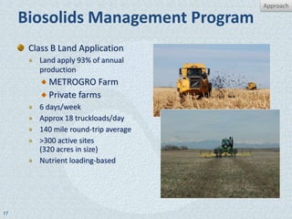 Approach

     Biosolids Management Program
      Class B Land Application
        Land apply 93% of annual
        production
           METROGRO Farm
           Private farms
        6 days/week
        Approx 18 truckloads/day
        140 mile round-trip average
        >300 active sites
        (320 acres in size)
        Nutrient loading-based




17
 