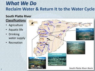 What We Do
    Reclaim Water & Return It to the Water Cycle
    South Platte River
    Classifications
    • Agriculture
    • Aquatic life
    • Drinking
      water supply
    • Recreation




6                                  South Platte River Basin
 