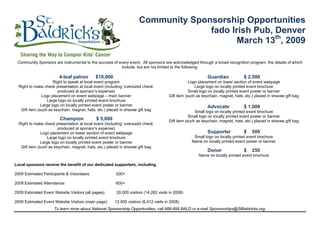 Community Sponsorship Opportunities
                                                                                      fado Irish Pub, Denver
                                                                                             March 13th, 2009
 


    Community Sponsors are instrumental to the success of every event. All sponsors are acknowledged through a broad recognition program, the details of which
                                                           include, but are not limited to the following:

                          4-leaf patron        $10,000                                                         Guardian            $ 2,500
                        Right to speak at local event program                                        Logo placement on lower section of event webpage
    Right to make check presentation at local event (including ‘oversized check’                        Large logo on locally printed event brochure
                          produced at sponsor’s expense)                                             Small logo on locally printed event poster or banner
                  Logo placement on event webpage – main banner                          Gift item (such as keychain, magnet, hats, etc.) placed in shavee gift bag
                    Large logo on locally printed event brochure
                 Large logo on locally printed event poster or banner                                          Advocate            $ 1,000
     Gift item (such as keychain, magnet, hats, etc.) placed in shavee gift bag                         Small logo on locally printed event brochure
                                                                                                     Small logo on locally printed event poster or banner
                           Champion            $ 5,000                                   Gift item (such as keychain, magnet, hats, etc.) placed in shavee gift bag
    Right to make check presentation at local event (including ‘oversized check’
                          produced at sponsor’s expense)
                                                                                                               Supporter           $    500
                 Logo placement on lower section of event webpage
                                                                                                       Small logo on locally printed event brochure
                    Large logo on locally printed event brochure
                                                                                                      Name on locally printed event poster or banner
                 Large logo on locally printed event poster or banner
     Gift item (such as keychain, magnet, hats, etc.) placed in shavee gift bag
                                                                                                               Donor               $    250
                                                                                                          Name on locally printed event brochure

Local sponsors receive the benefit of our dedicated supporters, including

2009 Estimated Participants & Volunteers:                 200+

2009 Estimated Attendance:                                600+

2009 Estimated Event Website Visitors (all pages):         20,000 visitors (14,262 visits in 2008)

2009 Estimated Event Website Visitors (main page):        12,000 visitors (6,412 visits in 2008)
                       To learn more about National Sponsorship Opportunities, call 888-899 BALD or e-mail Sponsorships@StBaldricks.org.
 

 
 