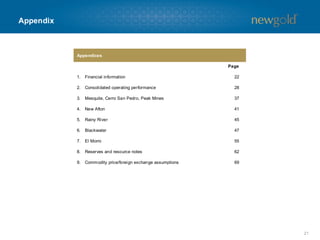 Appendix
21
Appendices
Page
1. Financial information 22
2. Consolidated operating performance 28
3. Mesquite, Cerro San Pedro, Peak Mines 37
4. New Afton 41
5. Rainy River 45
6. Blackwater 47
7. El Morro 55
8. Reserves and resource notes 62
9. Commodity price/foreign exchange assumptions 69
 