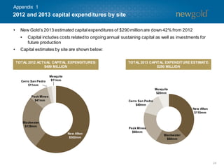 24
• New Gold’s 2013 estimated capital expenditures of $290 million are down 42% from 2012
• Capital includes costs related to ongoing annual sustaining capital as well as investments for
future production
• Capital estimates by site are shown below:
New Afton
$110mm
Peak Mines
$60mm
Cerro San Pedro
$40mm
Mesquite
$20mm
Blackwater
$60mm
New Afton
$302mm
Peak Mines
$47mm
Cerro San Pedro
$11mm
Mesquite
$11mm
Blackwater
$128mm
2012 and 2013 capital expenditures by site
TOTAL 2012 ACTUAL CAPITAL EXPENDITURES:
$499 MILLION
TOTAL 2013 CAPITAL EXPENDITURE ESTIMATE:
$290 MILLION
Appendix 1
 