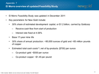 46
• El Morro Feasibility Study was updated in December 2011
• Key parameters for New Gold include:
• 30% share of estimated development capital, or $1.2 billion, carried by Goldcorp
– Receive cash flow from start of production
– Interest rate fixed at 4.58%
• Base 17-year mine life
• 30% share of annual production: ~90,000 ounces of gold and ~85 million pounds
of copper
• Estimated total cash costs(1), net of by-products ($700) per ounce
– Co-product gold ~$550 per ounce
– Co-product copper ~$1.45 per pound
1. Refer to Cautionary Statement and note on total cash costs under the heading “Non-GAAP Measures” .
El Morro overview of updated FeasibilityStudy
Appendix 7
 
