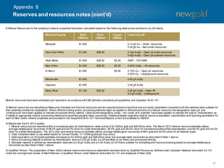 57
2) Mineral Resources for the company’s mineral properties have been calculated based on the follow ing metal prices and low er cut-off criteria:
Mineral resources have been estimated and reported in accordance with CIM definition standards and guidelines and Canadian NI 43-101.
Mineral Property Gold
(US$/oz)
Silver
(US$/oz)
Copper
(US$/lb)
Lower Cut-off
Mesquite $1,400 - - 0.12 g/t Au – Oxide resources
0.24 g/t Au – Non-oxide resources
Cerro San Pedro $1,400 $28.00 - 0.1g/t AuEq – Open pit oxide resources
0.4g/t AuEq – Open pit sulphide resources
Peak Mines $1,400 $28.00 $3.25 A$97 - 137/t NSR
New Afton $1,400 $28.00 $3.25 0.40% CuEq – All resources
El Morro $1,500 - $3.50 0.15% Cu – Open pit resources
0.20% Cu – Underground resources
Blackw ater $1,400 - - 0.40 g/t AuEq
Capoose $1,400 - - 0.40 g/t AuEq
Rainy River $1,100 $22.50 - 0.35 g/t AuEq – Open Pit
2.5 g/t AuEq – Underground
3) Mineral resources are classified as Measured, Indicated and Inferred resources and are reported based on technical and economic parameters consistent w ith the methods most suitable for
their potential commercial exploitation. Where different mining and/or processing methods might be applied to different portions of a mineral resource, the designators ‘open pit’ and
‘underground’ have been applied to indicate envisioned mining method. Likew ise the designators ‘oxide’, ‘non-oxide’ and ‘sulphide’ have been applied to indicate the type of mineralization as
it relates to appropriate mineral processing method and expected payable metal recoveries. Additionaldetails regarding mineral resource estimation, classification and reporting parameters for
each of New Gold’s mineral properties are provided in the respective NI 43-101 TechnicalReports w hich are available on SEDAR.
4) Blackw ater April4, 2013 update:
1. Mineral resources are reported within a conceptualopen pit shell based on metal prices of $1,400/oz gold and $28.00/oz silver. The March 2013 mineral resource estimate utilizes
average metallurgical recoveries of 88.0% gold and 64.0% silver for oxide mineralization, 85.0% gold and 58.0% silver for transitionaloxide/sulfide mineralization and 85.0% gold and 44.0%
silver for sulfide mineralization. The 2012 year-end mineral resource estimate utilizes average metallurgical recoveries of 86% gold and 44.9% silver for all material types.
2. Total contained metal is calculated based on Tonnes*Grade / 31.10348 grams per troy ounce.
3. Gold-equivalent cut-off grade estimates are based on $1,400/oz gold and $28.00/oz silver and average metal recoveries as described in Note 1 above.
4. Direct processing material is defined as mineralization above a 0.40 g/t AuEq cut-off and likely to be mined and processed directly.
5. Stockpile material is defined as mineralization betw een a 0.30 g/t AuEq and a 0.40 AuEq cut-off that is suitable for stockpiling and future processing based on average metallurgical
recoveries as described in Note 1 above.
5) Qualified Person: The preparation of New Gold’s mineral reserve and resource statements has been done by Qualified Persons as defined under Canadian National Instrument 43-101
under the oversight and review of MarkPetersen, a Qualified Person under National Instrument 43-101 and employee of New Gold.
Reserves and resources notes (cont’d)
Appendix 8
 