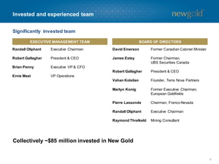 Invested and experienced team
Collectively ~$85 million invested in New Gold
6
Randall Oliphant Executive Chairman
Robert Gallagher President & CEO
Brian Penny Executive VP & CFO
Ernie Mast VP Operations
EXECUTIVE MANAGEMENT TEAM BOARD OF DIRECTORS
David Emerson Former Canadian Cabinet Minister
James Estey Former Chairman,
UBS Securities Canada
Robert Gallagher President & CEO
Vahan Kololian Founder, Terra Nova Partners
Martyn Konig Former Executive Chairman,
European Goldfields
Pierre Lassonde Chairman, Franco-Nevada
Randall Oliphant Executive Chairman
Raymond Threlkeld Mining Consultant
Significantly invested team
 