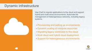 Dynamic infrastructure
Use Chef to migrate applications to the cloud and support
hybrid and multi-cloud environments. Automate the
management of heterogeneous networks, including legacy
systems.
• Provisioning and setting up environments
• Dynamic scaling of compute resources
• Migrating legacy workloads to the cloud
• Multi cloud and hybrid cloud deployment
• Support for heterogeneous environments
 