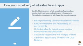 Continuous delivery of infrastructure & apps
Use Chef to implement a high-velocity software delivery
pipeline that integrates application and infrastructure.
Eliminate the risks incurred with large, infrequent releases.
• Rapid provisioning of dev and test environments
• Ensure consistency and repeatability of
environments
• Unified pipeline for infrastructure, runtime
environments and applications
• Support for large teams with multiple projects
• Advanced, high-velocity workflow with Chef
Delivery
 