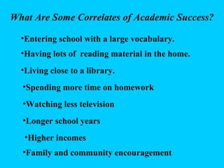 What Are Some Correlates of Academic Success? Entering school with a large vocabulary. Having lots of  reading material in the home. Living close to a library. Spending more time on homework Longer school years Higher incomes Family and community encouragement Watching less television 