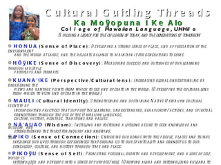 Cultural Guiding Threads Ka Moÿopuna I Ke Alo College of Hawaiian Language, UHHilo Building a legacy for the children of today, and the generations of tomorrow HONUA   (Sense of Place) :  Developing a strong sense of place, and appreciation of the environment  and the world at large, and the delicate balance to maintain it for generations to come. HÖÿIKE   (Sense of Discovery) :  Measuring success and outcomes of our learning through multiple  pathways and formats. KUANA'IKE  (Perspective/Cultural lens) :  Increasing global understanding by broadening the  views and vantage points from which to see and operate in the world. (Developing the cultural lens  from which to view and operate in the world) MAULI   (Cultural Identity ):  Strengthening and sustaining Native Hawaiian cultural identity by  incorporating practices that support the learning, understanding, behaviorsw/actions, and spiritual connections through the use of the Hawaiian language,  culture, history, heritage, traditions and values. NA'AUAO   (Wisdom) :  Instilling and fostering a lifelong desire to seek knowledge and wisdom, and strengthening the thirst for inquiry and knowing. PIKO   (Sense of Connection) :   Enriching our bonds with the people, places and things that  influence our lives through experiences that ground us to our spirituality and connect us to our  genealogy, culture, and history through time and place.  PIKOÿU   (Sense of Self) :  Promoting personal growth and development, and a love of self, which is  internalized and develops into a sense of purpose/role. (Growing aloha and internalizing kuleana to give back) 