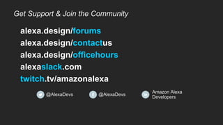 alexa.design/forums
alexa.design/contactus
alexa.design/officehours
alexaslack.com
twitch.tv/amazonalexa
Get Support & Join the Community
@AlexaDevs
Amazon Alexa
Developers
@AlexaDevs
 