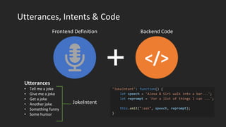 Utterances, Intents & Code
</>
Frontend Definition Backend Code
Utterances
• Tell me a joke
• Give me a joke
• Get a joke
• Another joke
• Something funny
• Some humor
JokeIntent
 