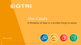 WWW.GTRI.COM
Use Cases
A Petabyte of data is a terrible thing to waste
© 2016 NetApp, Inc. All rights reserved. --- NETAPP CONFIDENTIAL ---
2
3
 