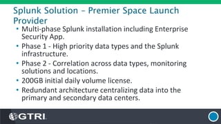 Splunk Solution – Premier Space Launch
Provider
• Multi-phase Splunk installation including Enterprise
Security App.
• Phase 1 - High priority data types and the Splunk
infrastructure.
• Phase 2 - Correlation across data types, monitoring
solutions and locations.
• 200GB initial daily volume license.
• Redundant architecture centralizing data into the
primary and secondary data centers.
 