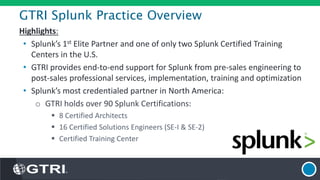 GTRI Splunk Practice Overview
Highlights:
• Splunk’s 1st Elite Partner and one of only two Splunk Certified Training
Centers in the U.S.
• GTRI provides end-to-end support for Splunk from pre-sales engineering to
post-sales professional services, implementation, training and optimization
• Splunk’s most credentialed partner in North America:
o GTRI holds over 90 Splunk Certifications:
 8 Certified Architects
 16 Certified Solutions Engineers (SE-I & SE-2)
 Certified Training Center
 