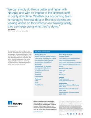 “We can simply do things better and faster with
 NetApp, and with no impact to the Broncos staff
 in costly downtime. Whether our accounting team
 is managing financial data or Broncos players are
 viewing videos on their iPads in our training facility,
 they can keep doing what they’re doing.”
 Chris Newman
 IT Architect, Denver Broncos Football Club




 leveraging proven technologies,” says
                                                SOLUTION COMPONENTS
 Trainor. “With a flexible, dynamic NetApp
 environment supporting innovative tools        NetApp Products                             Third-Party Products
 such as Apple iPads running PlayerLync         NetApp FAS2240 storage systems              VMware vSphere
 with digitized playbooks and video, the
                                                Data ONTAP 8 operating in 7-Mode            Cisco Nexus 7010 series switches
 entire Broncos organization can better
 support the Broncos team in taking             OnCommand Unified Manager                   Cisco 3750 series switches
 on the opposition while we attract and         Snapshot and SnapRestore                    Cisco 2504, 5508 wireless controllers
 retain fans for years to come.”                technology                                  Cisco 3500 and 3600 series access
                                                SnapManager for Microsoft                   points
                                                Exchange and SQL Server                     Microsoft Great Plains
                                                Virtual Storage Console                     ThirdLight
                                                SnapMirror                                  Citrix
                                                SnapVault                                   PlayerLync
                                                Deduplication
                                                                                            Partner
                                                Protocols                                   Peak Resources
                                                CIFS                                        www.peakresources.com
                                                iSCSI                                       Environment
                                                Fibre Channel                               Applications: Microsoft Exchange
                                                                                            2007, 2010
                                                                                            Database: Microsoft SQL Server
                                                                                            2005, 2008
                                                                                            Server platform: Microsoft Server
                                                                                            2003, 2008




                                              NetApp creates innovative storage and         © 2012 NetApp, Inc. All rights reserved. No portions of this document
                                                                                            may be reproduced without prior written consent of NetApp, Inc.
                                              data management solutions that deliver        Specifications are subject to change without notice. NetApp, the NetApp
                                                                                            logo, Go further, faster, Data ONTAP, OnCommand, SnapManager,
                                              outstanding cost efficiency and accelerate    SnapMirror, SnapRestore, Snapshot, and SnapVault are trademarks
                                                                                            or registered trademarks of NetApp, Inc. in the United States and/or
 www.netapp.com                               business breakthroughs. Discover our          other countries. Apple and iPad are registered trademarks of Apple Inc.
                                              passion for helping companies around the      Microsoft, SharePoint, and SQL Server are registered trademarks of
                                                                                            Microsoft Corporation. VMware and vSphere are registered trademarks of
                                              world go further, faster at www.netapp.com.   VMware, Inc. Cisco and Cisco Nexus are registered trademarks of Cisco
                                                                                            Systems, Inc. All other brands or products are trademarks or registered
                                                                                            trademarks of their respective holders and should be treated as such.
                                              Go further, faster   ®
                                                                                            CSS-6605-1212


                                                                                            Follow us on:
 