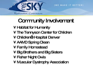Community Involvement Habitat for Humanity The Tennyson Center for Children Children’s Hospital Denver AAMD Spring Clean Family Homestead Big Brothers and Big Sisters Fisher Night Owls Muscular Dystrophy Association 