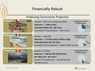 Financially Robust
Andacollo
Peñasquito
Voisey’s Bay
Producing Cornerstone Properties
September 23, 2013
Royalty: 2.0% NSR
Reserves: 2,4 15.7M oz (Au), 912M oz (Ag)
Estimated Mine Life: 22 Years
Estimated CY13 production: 5 360k to 400k ozs (Au)
Royalty: 1 75% of Au production (NSR)
Reserves: 2 1.8M oz (Au)
Estimated Mine Life: 20+ Years
Estimated CY13 production: 3 63k oz (Au)
Royalty: 2.7% NSR
Reserves: 2 1.0B lbs (Ni); 0.6B lbs (Cu)
Est. Mine Life: 20+ Years 6
Actual CY12 production: 7 144.0M lbs (Ni);
102.0M lbs (Cu)
13
Contribution to total
FY 2013 revenue
28%
or $82M
Contribution to total
FY 2013 revenue
Contribution to total
FY 2013 revenue
10%
or $28M
11%
or $33M
 