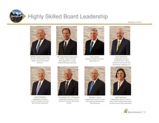 NASDAQ: RGLD
|
Highly Skilled Board Leadership
Jamie Sokalsky
Independent Director;
Former President and CEO,
Barrick Gold Corporation
Kevin McArthur
Independent Director;
Executive Chair, Tahoe
Resources and Former CEO
and Director, Goldcorp, Inc.
Tony Jensen
Director; President and CEO,
Royal Gold, Inc.
M. Craig Haase Independent
Director; Former EVP and
Chief Legal Officer, Franco-
Nevada Mining Corporation
William Hayes Independent
Director and Chairman of the
Board; Former EVP, Placer
Dome Inc.
Ronald J. Vance
Independent Director; Former
SVP Corporate Development,
Teck Resources
Christopher M.T. Thompson
Independent Director; Former
Chairman and CEO, Gold Fields
Limited
Sybil Veenman
Independent Director; Former
Senior Vice President and General
Counsel, Barrick Gold Corporation
Discipline
14
 