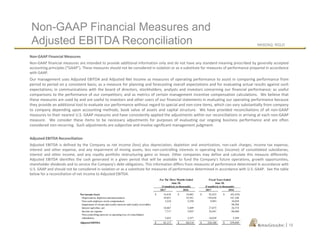 NASDAQ: RGLD
|
Non-GAAP Financial Measures
Non-GAAP financial measures are intended to provide additional information only and do not have any standard meaning prescribed by generally accepted
accounting principles (“GAAP”). These measures should not be considered in isolation or as a substitute for measures of performance prepared in accordance
with GAAP.
Our management uses Adjusted EBITDA and Adjusted Net Income as measures of operating performance to assist in comparing performance from
period to period on a consistent basis; as a measure for planning and forecasting overall expectations and for evaluating actual results against such
expectations; in communications with the board of directors, stockholders, analysts and investors concerning our financial performance; as useful
comparisons to the performance of our competitors; and as metrics of certain management incentive compensation calculations. We believe that
these measures are used by and are useful to investors and other users of our financial statements in evaluating our operating performance because
they provide an additional tool to evaluate our performance without regard to special and non-core items, which can vary substantially from company
to company depending upon accounting methods, book value of assets and capital structure. We have provided reconciliations of all non-GAAP
measures to their nearest U.S. GAAP measures and have consistently applied the adjustments within our reconciliations in arriving at each non-GAAP
measure. We consider these items to be necessary adjustments for purposes of evaluating our ongoing business performance and are often
considered non-recurring. Such adjustments are subjective and involve significant management judgment.
Adjusted EBITDA Reconciliation
Adjusted EBITDA is defined by the Company as net income (loss) plus depreciation, depletion and amortization, non-cash charges, income tax expense,
interest and other expense, and any impairment of mining assets, less non-controlling interests in operating loss (income) of consolidated subsidiaries,
interest and other income, and any royalty portfolio restructuring gains or losses. Other companies may define and calculate this measure differently.
Adjusted EBITDA identifies the cash generated in a given period that will be available to fund the Company's future operations, growth opportunities,
shareholder dividends and to service the Company's debt obligations. This information differs from measures of performance determined in accordance with
U.S. GAAP and should not be considered in isolation or as a substitute for measures of performance determined in accordance with U.S. GAAP. See the table
below for a reconciliation of net income to Adjusted EBITDA.
Non-GAAP Financial Measures and
Adjusted EBITDA Reconciliation
For The Three Months Ended Fiscal Years Ended
June 30, June 30,
(Unaudited, in thousands) (Unaudited, in thousands)
2017 2016 2017 2016
Net income (loss) 16,836$ 18,082$ 92,425$ (82,438)$
Depreciation, depletion and amortization 39,851 35,391 159,636 141,108
Non-cash employee stock compensation 3,224 2,250 9,983 10,039
Impairment of stream and royalty interests and royalty receivables - - - 98,588
Interest and other, net 10,067 5,409 27,075 26,574
Income tax expense 7,717 5,025 26,441 60,680
Non-controlling interests in operating loss of consolidated
subsidiaries 3,422 2,357 10,628 5,289
Adjusted EBITDA 81,117$ 68,514$ 326,188$ 259,840$
18
 