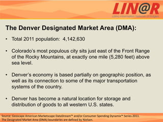 The Denver Designated Market Area (DMA):
  • Total 2011 population: 4,142,630

  • Colorado’s most populous city sits just east of the Front Range
    of the Rocky Mountains, at exactly one mile (5,280 feet) above
    sea level.

  • Denver’s economy is based partially on geographic position, as
    well as its connection to some of the major transportation
    systems of the country.

  • Denver has become a natural location for storage and
    distribution of goods to all western U.S. states.

Source: Geoscape American Marketscape DataStream™ and/or Consumer Spending Dynamix™ Series 2011.
The Designated Market Area (DMA) boundaries are defined by Nielsen.
 