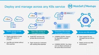 Deploy and manage across any K8s service
Deploy across private
clouds
Open K8s access to
managed providers
Expanded K8s access
on managed providers
Across any K8s service
EKS
AKS
GKE
● Deploy standalone cluster
within AWS, Azure, or
on-prem
● Use K8s and docker without
K8s expertise
● Install RTF services into
private K8s environment
● Open access for customers
with existing K8s expertise
● COMING SOON! Support
for OpenShift container
platform
● COMING SOON! Run Mule
and non-Mule workloads on
the same K8s environment
● Open support for any
managed service built on
K8s
● Deploy across any K8s
environment
 