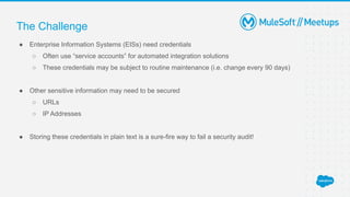 The Challenge
● Enterprise Information Systems (EISs) need credentials
○ Often use “service accounts” for automated integration solutions
○ These credentials may be subject to routine maintenance (i.e. change every 90 days)
● Other sensitive information may need to be secured
○ URLs
○ IP Addresses
● Storing these credentials in plain text is a sure-fire way to fail a security audit!
 
