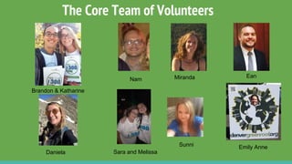 The Core Team of Volunteers
Brandon & Katharine
Ean
Sunni
Nam Miranda
Emily Anne
Daniela Sara and Melissa
 