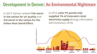 Development in Denver: An Environmental Nightmare
In 2017, Denver ranked 11th worst
in the nation for air quality and
3rd worst in the nation for the
Urban Heat Island Effect.
In 2016, solar PV panels only
supplied 1% of Colorado’s total
electricity supply (Energy information
Administration, 2016)
 