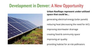 Development in Denver: A New Opportunity
Urban Rooftops represent under-utilized
space that could be…
generating electrical energy (solar panels)
reducing heat (decreasing the need for A/C)
improving stormwater drainage
creating food & community space
improving air quality
providing habitat for at-risk pollinators
 