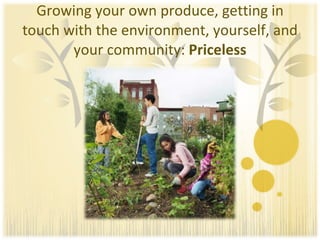 Growing your own produce, getting in touch with the environment, yourself, and your community:  Priceless 