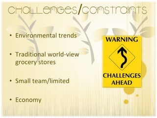 Environmental trends Traditional world-view grocery stores Small team/limited  Economy 
